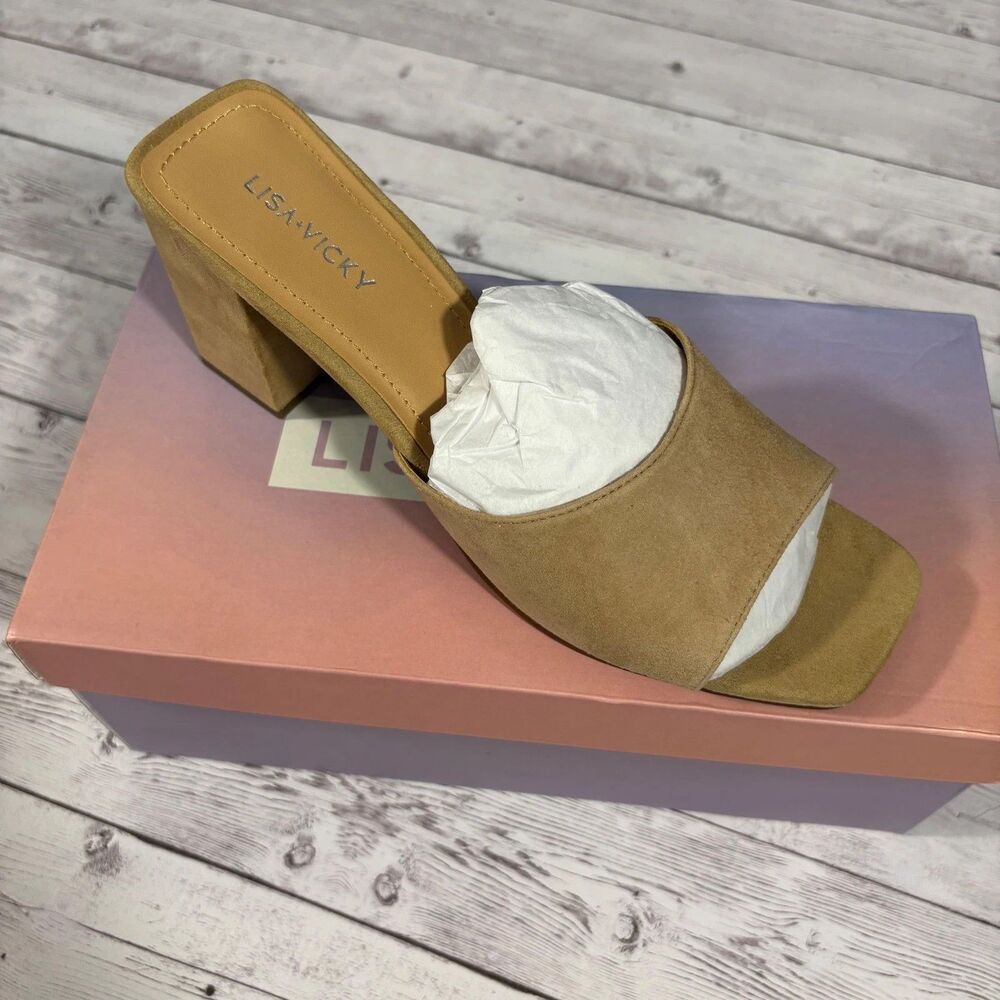 New Lisa Vicky Tan Kid Suede size 10 Block Heel Mules Slides Sandals Women's - Picture 5 of 5